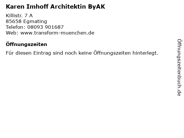 Karen Imhoff Architektin ByAK in Egmating: Adresse und Öffnungszeiten