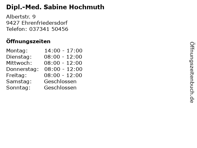 Dipl.-Med. Sabine Hochmuth in Ehrenfriedersdorf: Adresse und Öffnungszeiten