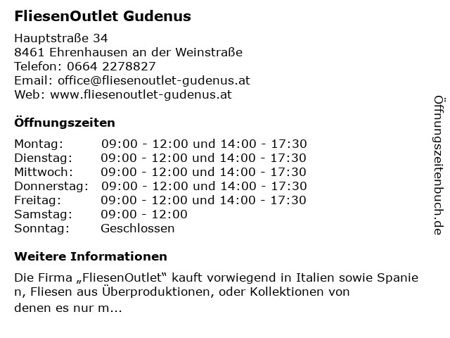 FliesenOutlet Gudenus in Ehrenhausen an der Weinstraße: Adresse und Öffnungszeiten