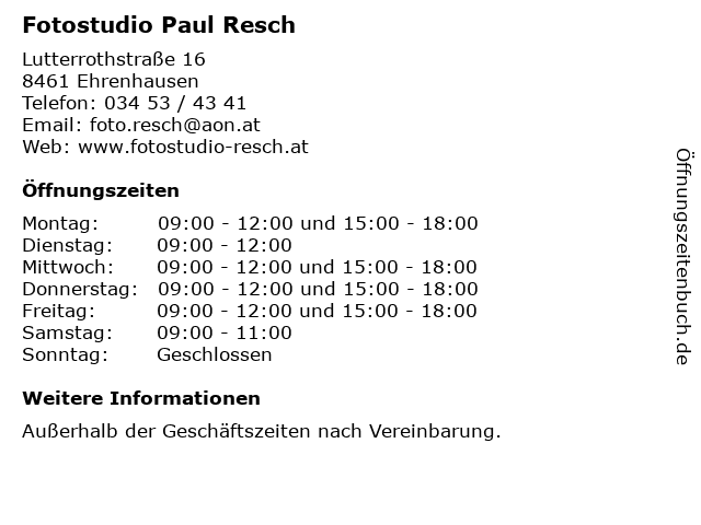 Fotostudio Paul Resch in Ehrenhausen: Adresse und Öffnungszeiten