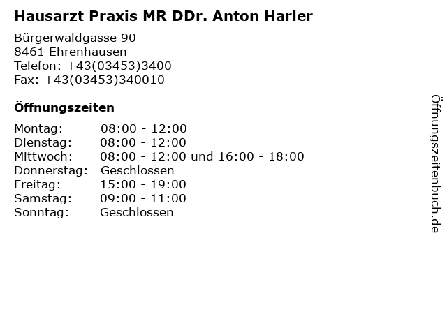 Hausarzt Praxis MR DDr. Anton Harler in Ehrenhausen: Adresse und Öffnungszeiten