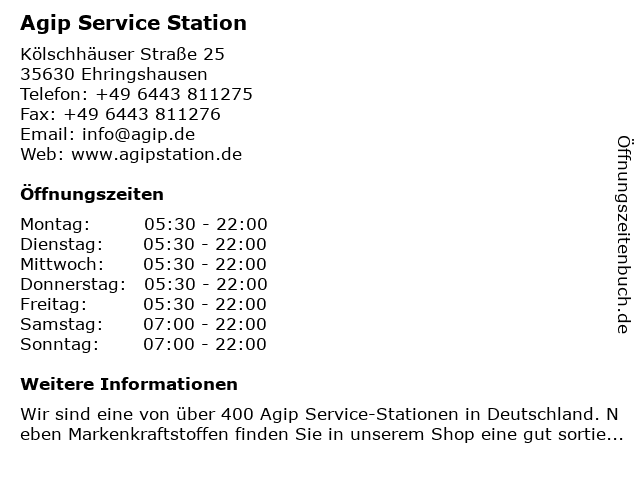 Agip Service Station in Ehringshausen: Adresse und Öffnungszeiten