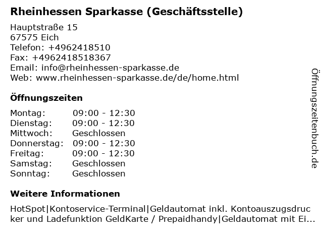 á… Offnungszeiten Sparkasse Worms Alzey Ried Geschaftsstelle Eich Hauptstr 15 In Eich