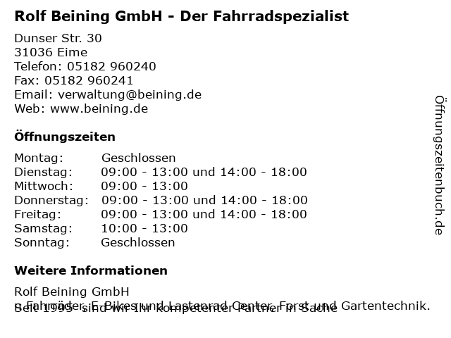 Rolf Beining GmbH - Der Fahrradspezialist in Eime: Adresse und Öffnungszeiten