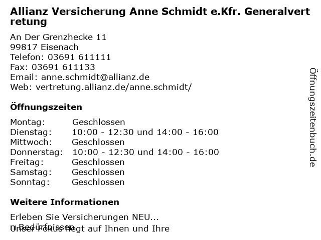 Allianz Versicherung -Anne Schmidt e.Kfr. Generalvertretung in Eisenach: Adresse und Öffnungszeiten