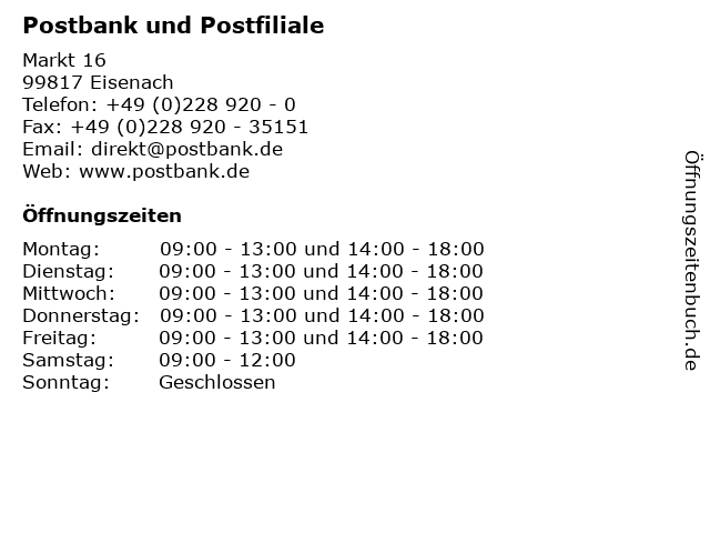 Postbank und Postfiliale in Eisenach: Adresse und Öffnungszeiten