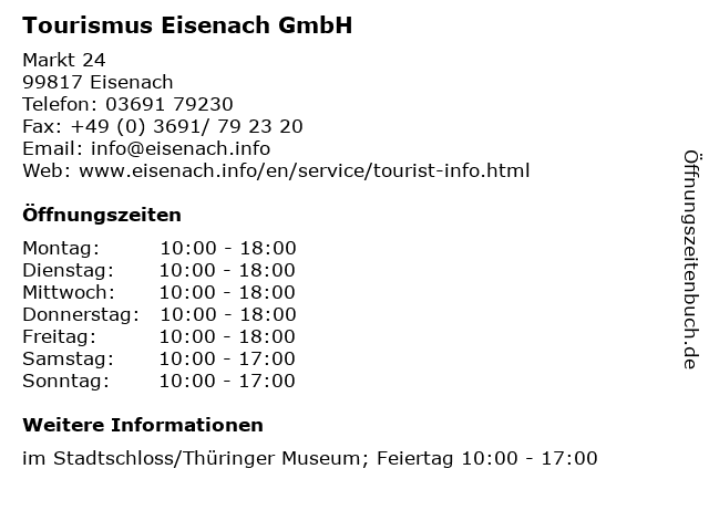Tourismus Eisenach GmbH in Eisenach: Adresse und Öffnungszeiten