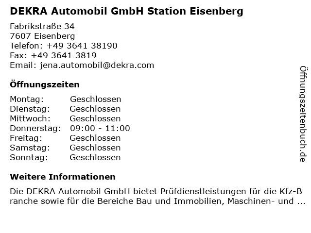 DEKRA Automobil GmbH Station Eisenberg in Eisenberg: Adresse und Öffnungszeiten