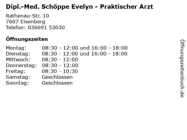 Dipl.-Med. Schöppe Evelyn - Praktischer Arzt in Eisenberg: Adresse und Öffnungszeiten