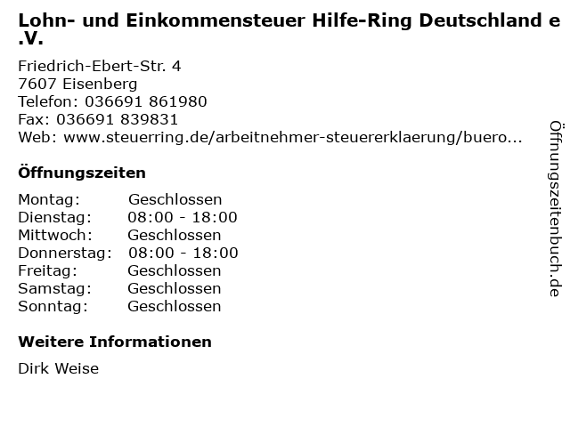 Lohn- und Einkommensteuer Hilfe-Ring Deutschland e.V. in Eisenberg: Adresse und Öffnungszeiten
