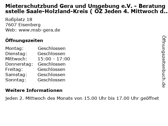 Mieterschutzbund Gera und Umgebung e.V. - Beratungsstelle Saale-Holzland-Kreis ( ÖZ Jeden 4. Mittwoch des Monats ) in Eisenberg: Adresse und Öffnungszeiten