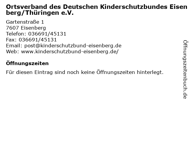 Ortsverband des Deutschen Kinderschutzbundes Eisenberg/Thüringen e.V. in Eisenberg: Adresse und Öffnungszeiten