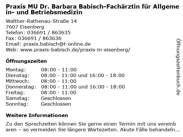 Praxis MU Dr. Barbara Babisch-Fachärztin für Allgemein- und Betriebsmedizin in Eisenberg: Adresse und Öffnungszeiten
