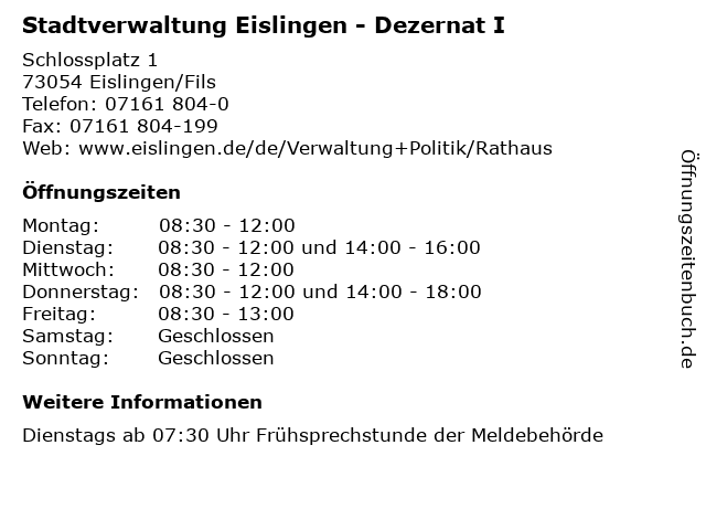 Stadtverwaltung Eislingen - Dezernat I in Eislingen/Fils: Adresse und Öffnungszeiten