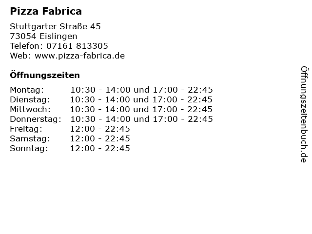 Pizza Fabrica in Eislingen: Adresse und Öffnungszeiten