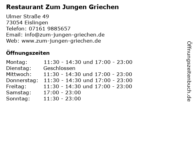 Restaurant Zum Jungen Griechen in Eislingen: Adresse und Öffnungszeiten
