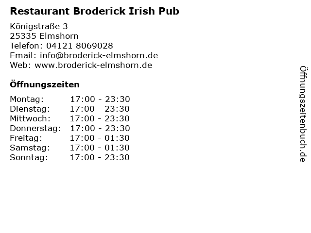 Restaurant Broderick Irish Pub in Elmshorn: Adresse und Öffnungszeiten