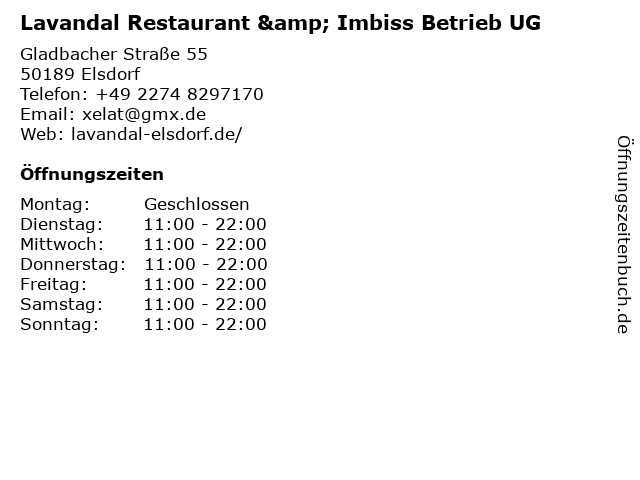 Lavandal Restaurant & Imbiss Betrieb UG in Elsdorf: Adresse und Öffnungszeiten