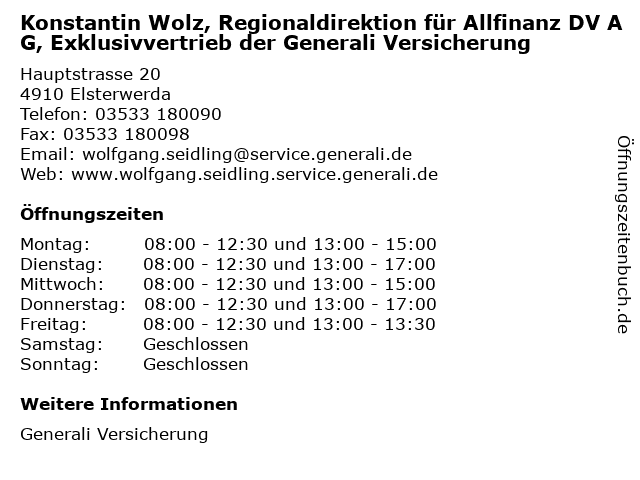 ᐅ Offnungszeiten Generali Versicherungen Bezirksdirektion Wolfgang Seidling Hauptstrasse In Elsterwerda