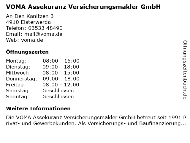 VOMA Assekuranz Versicherungsmakler GmbH in Elsterwerda: Adresse und Öffnungszeiten