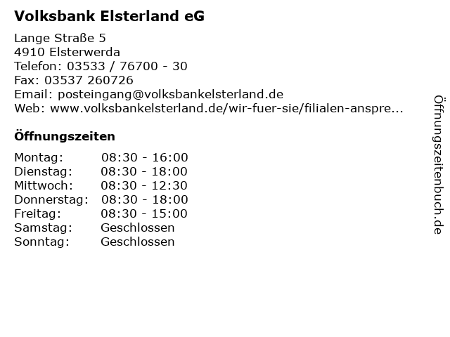 Volksbank Elsterland eG in Elsterwerda: Adresse und Öffnungszeiten