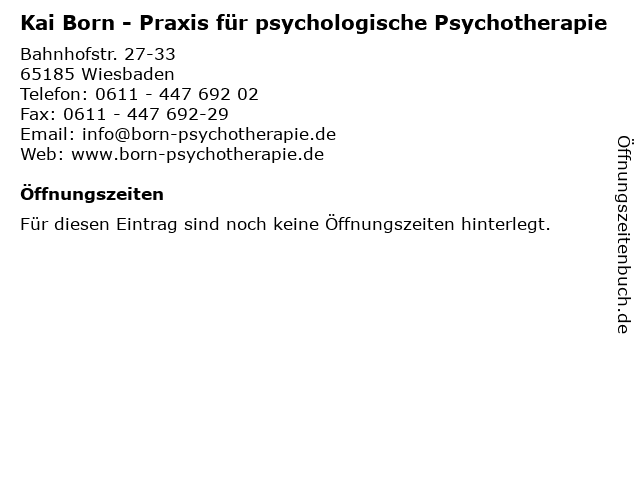 Kai Born Facharzt für Psychosomat. Med. und Psychotherapie in Eltville: Adresse und Öffnungszeiten