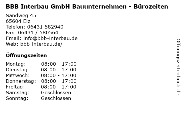 BBB Interbau GmbH Bauunternehmen in Elz: Adresse und Öffnungszeiten