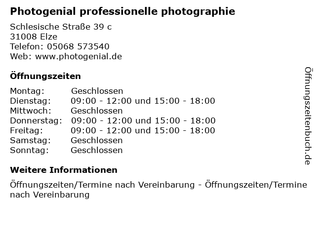 Photogenial professionelle photographie in Elze: Adresse und Öffnungszeiten