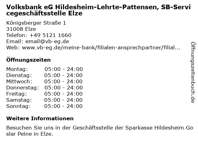 Volksbank eG Hildesheim-Lehrte-Pattensen, SB-Servicegeschäftsstelle Elze in Elze: Adresse und Öffnungszeiten