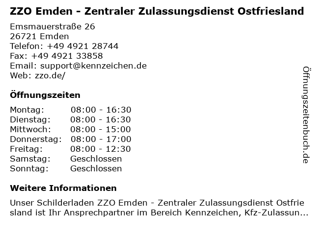 Autoschilder & Zulassungen ZZO in Emden in Emden: Adresse und Öffnungszeiten