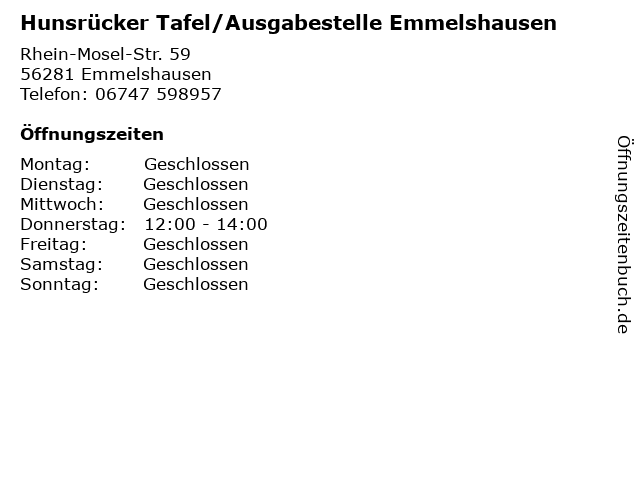 Hunsrücker Tafel/Ausgabestelle Emmelshausen in Emmelshausen: Adresse und Öffnungszeiten