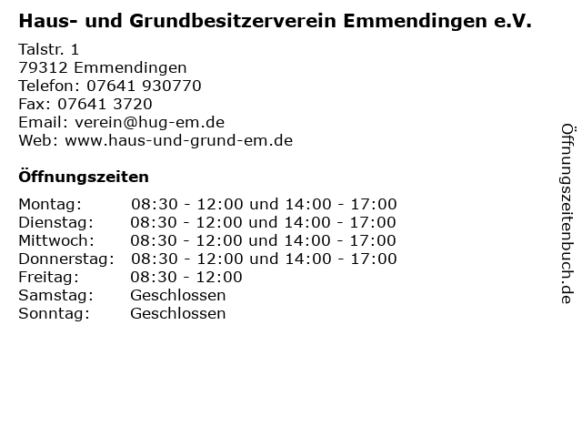 ᐅ Offnungszeiten Haus Und Grundbesitzerverein Emmendingen E V