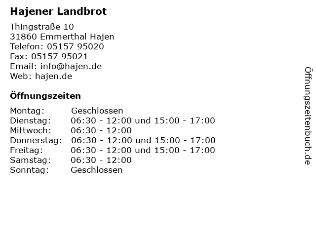 Hajener Landbrot in Emmerthal Hajen: Adresse und Öffnungszeiten