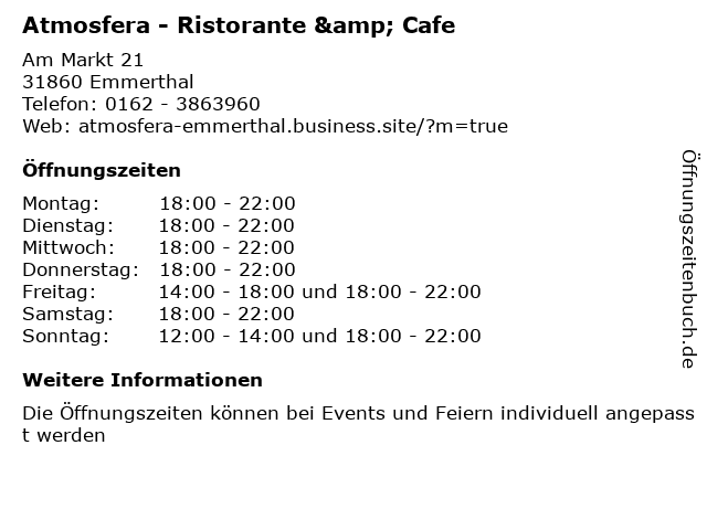 Atmosfera - Ristorante & Cafe in Emmerthal: Adresse und Öffnungszeiten