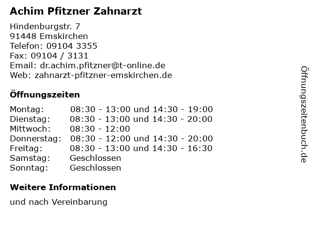 Achim Pfitzner Zahnarzt in Emskirchen: Adresse und Öffnungszeiten