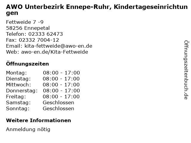 AWO Unterbezirk Ennepe-Ruhr, Kindertageseinrichtungen in Ennepetal: Adresse und Öffnungszeiten