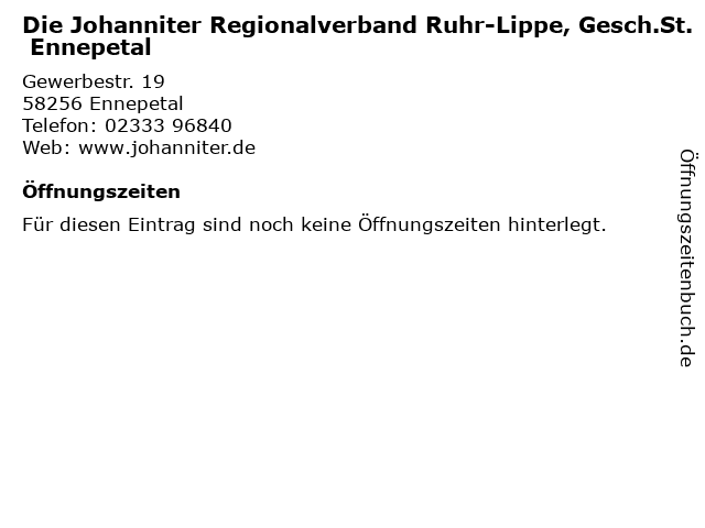 Die Johanniter Regionalverband Ruhr-Lippe, Gesch.St. Ennepetal in Ennepetal: Adresse und Öffnungszeiten