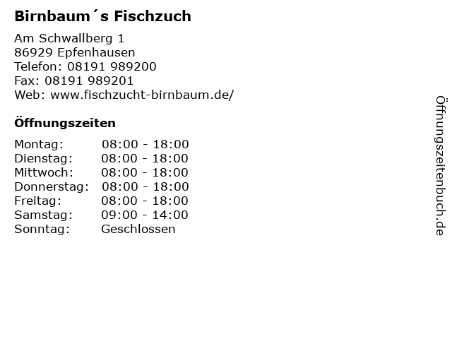 Birnbaum´s Fischzuch in Epfenhausen: Adresse und Öffnungszeiten
