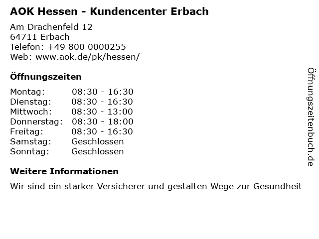 ᐅ Offnungszeiten Aok Hessen Am Drachenfeld 12 In Erbach