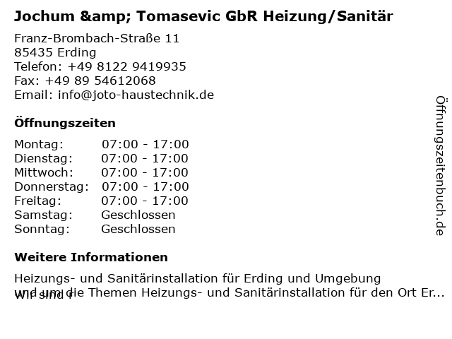 Jochum & Tomasevic GbR Heizung/Sanitär in Erding: Adresse und Öffnungszeiten