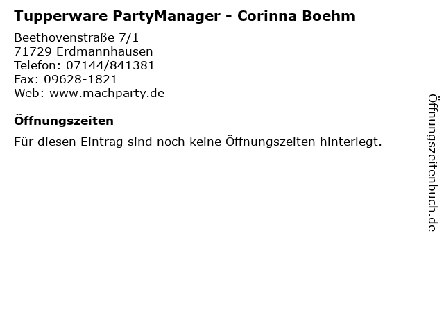 Tupperware PartyManager - Corinna Boehm in Erdmannhausen: Adresse und Öffnungszeiten