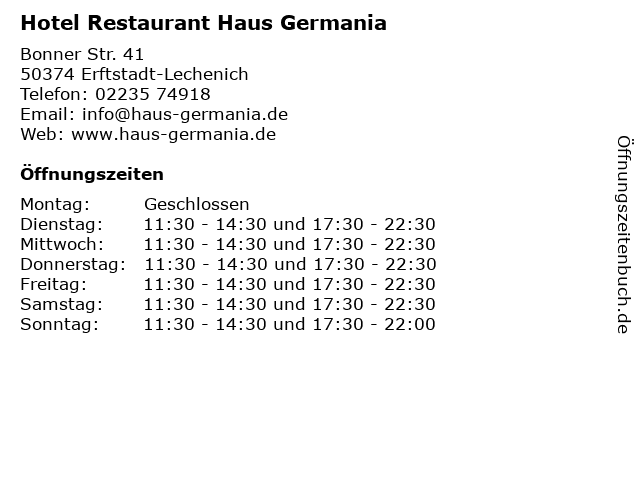 ᐅ Öffnungszeiten „Hotel Restaurant Haus Germania“ Bonner