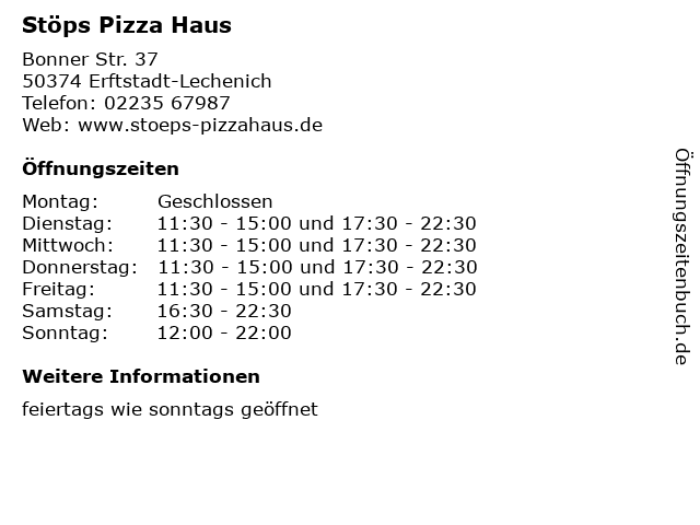ᐅ Offnungszeiten Stops Pizza Haus Bonner Str 37 In Erftstadt