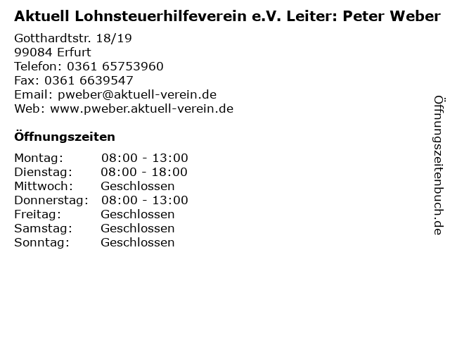 Aktuell Lohnsteuerhilfeverein e.V. Leiter: Peter Weber in Erfurt: Adresse und Öffnungszeiten