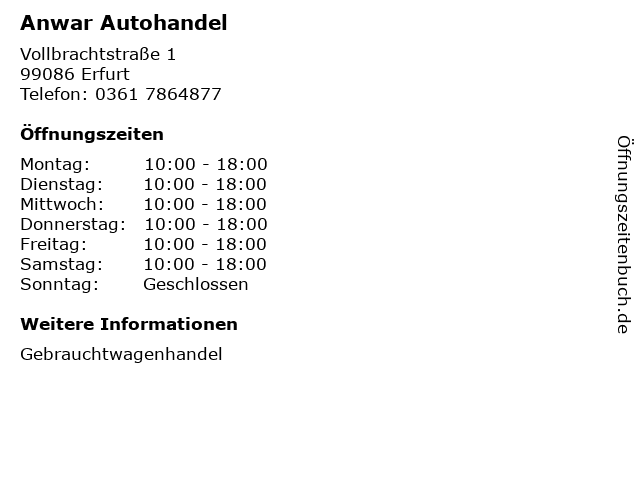 Anwar Autohandel in Erfurt: Adresse und Öffnungszeiten
