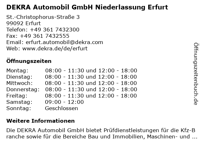 DEKRA Automobil GmbH Niederlassung Erfurt in Erfurt: Adresse und Öffnungszeiten