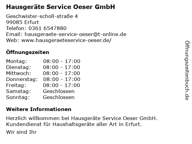 Hausgeräte-Service S. Oester in Erfurt: Adresse und Öffnungszeiten