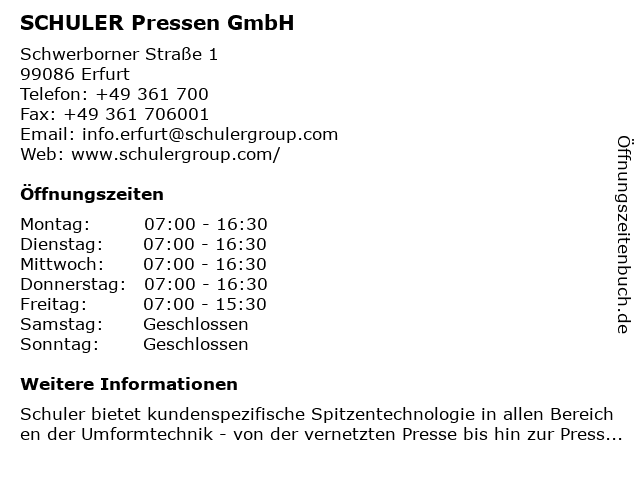 SCHULER Pressen GmbH in Erfurt: Adresse und Öffnungszeiten