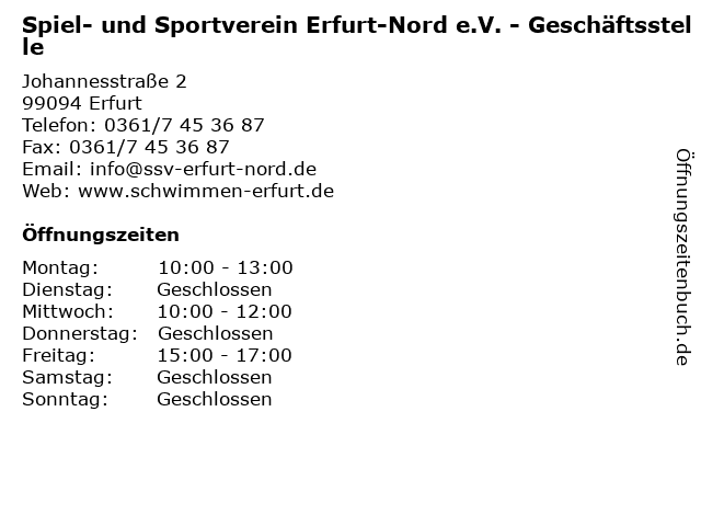 Spiel- und Sportverein Erfurt-Nord e.V. - Geschäftsstelle in Erfurt: Adresse und Öffnungszeiten