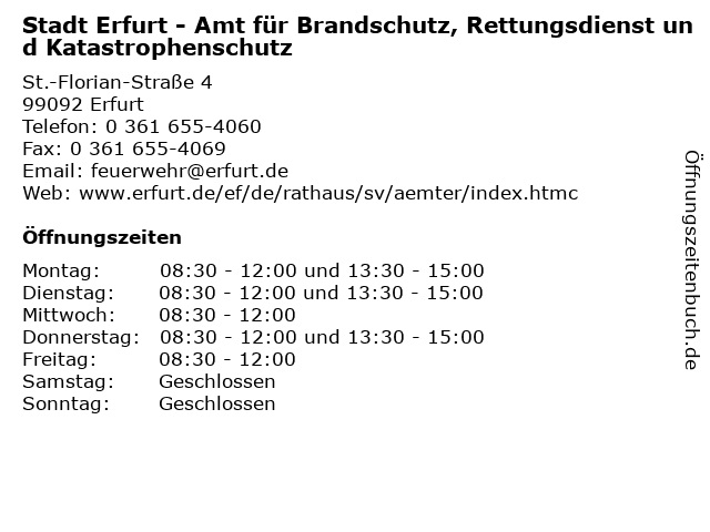 Stadt Erfurt - Amt für Brandschutz, Rettungsdienst und Katastrophenschutz in Erfurt: Adresse und Öffnungszeiten
